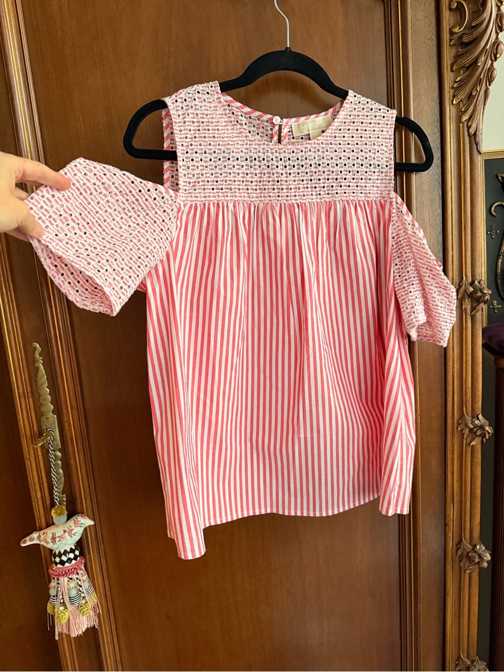 Michael Kors Coral Red & White Striped Eyelet Cold Shoulder Top 98% Cotton